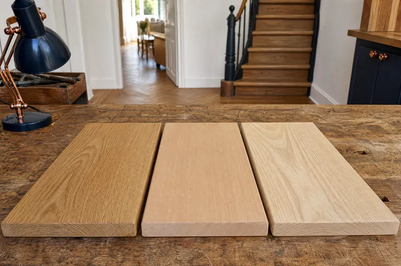 Marches d’escalier en chêne, hêtre et frêne côte à côte