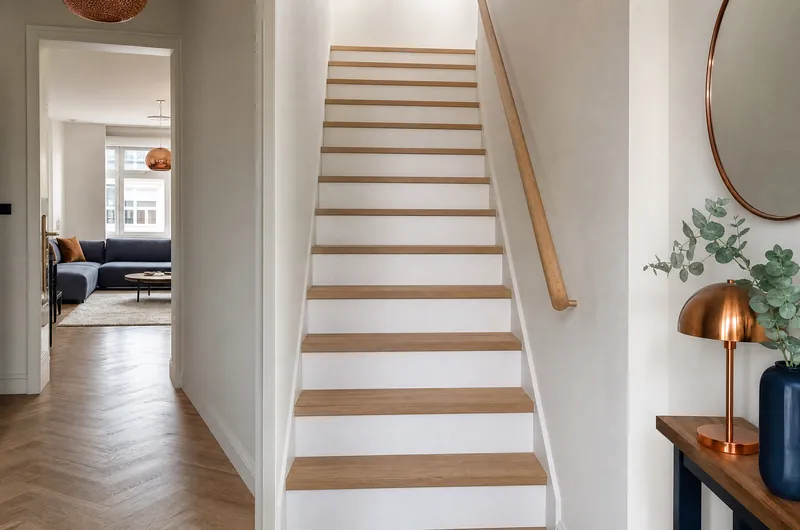 Escalier droit aux marches en chêne huilé et contremarches peintes en blanc