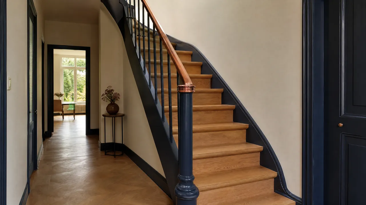 Escalier en chêne sur mesure quart tournant, limon bleu marine et main courante ton cuivre