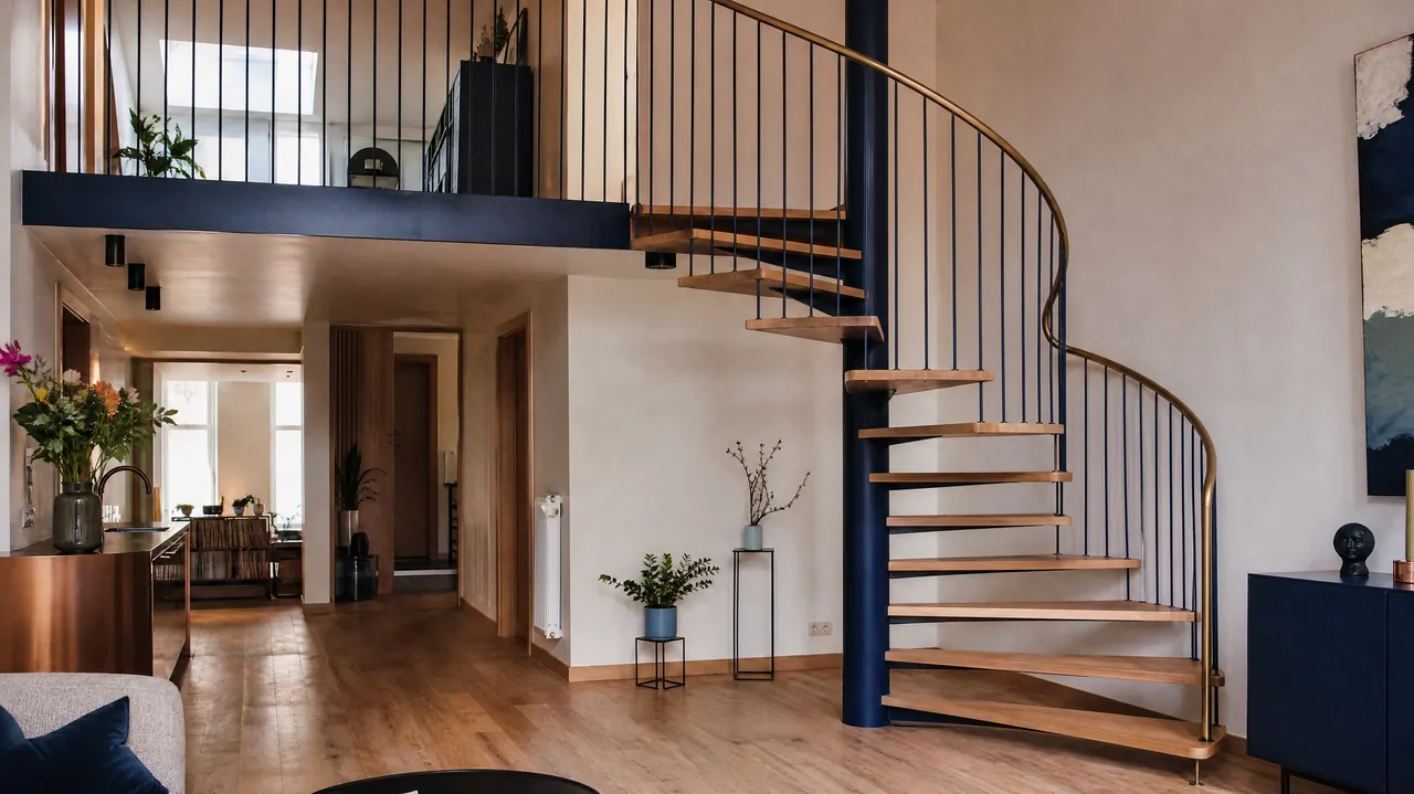 Escalier en colimaçon sur mesure, marches en chêne autour d’un fût central bleu marine