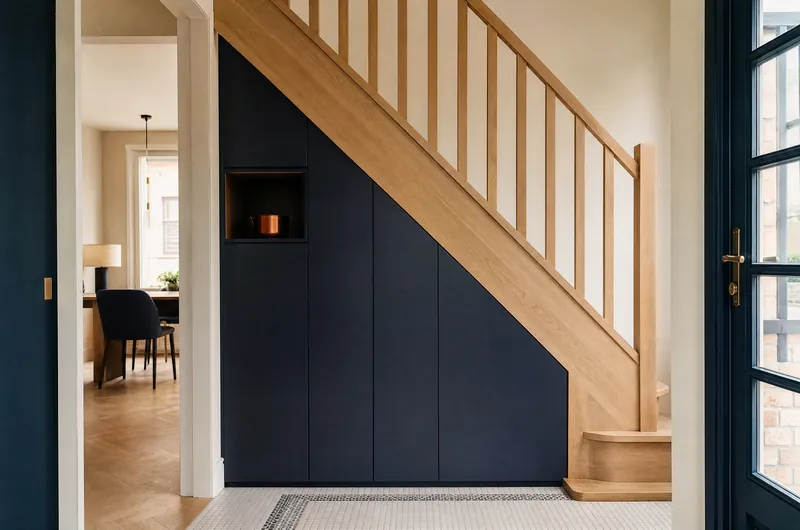 Placard sur mesure aménagé sous un escalier quart tournant