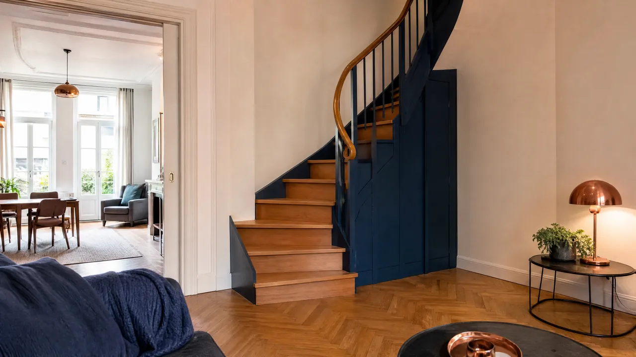 Escalier quart tournant sur mesure en chêne, marches balancées dans le virage