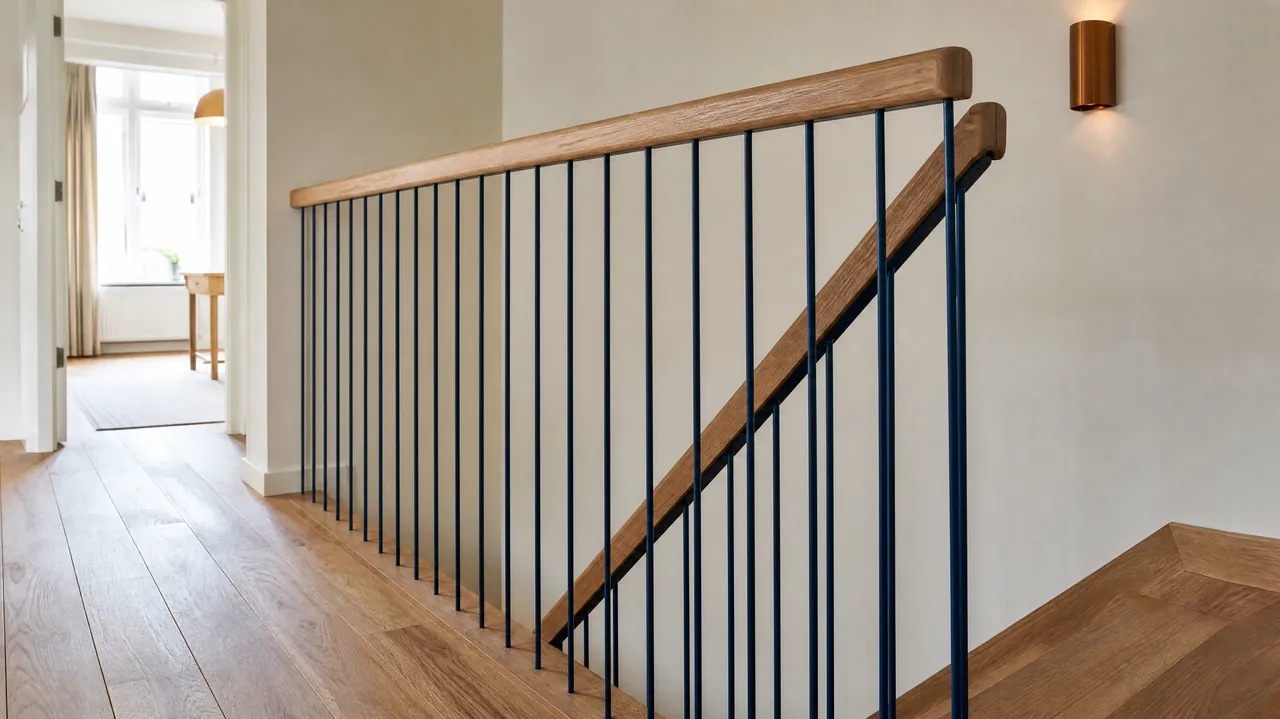 Garde-corps d’escalier à barreaux verticaux en acier bleu marine, main courante en chêne